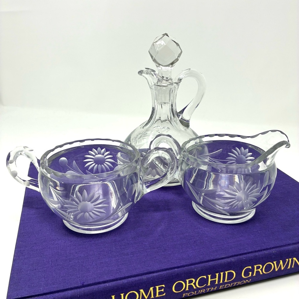 Vintage Etched Glass Cruet with Glass Stopper Open Sugar Dish Creamer Set Floral